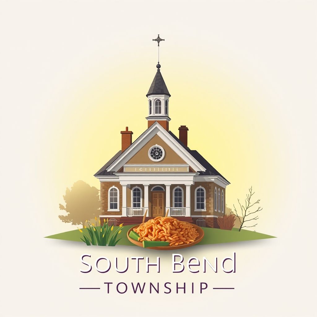 Ultra-high-definition gradient illustration of South Bend Township, featuring the historic South Bend Township Hall, Le Sueur River, and Minnesota wild rice dishes.