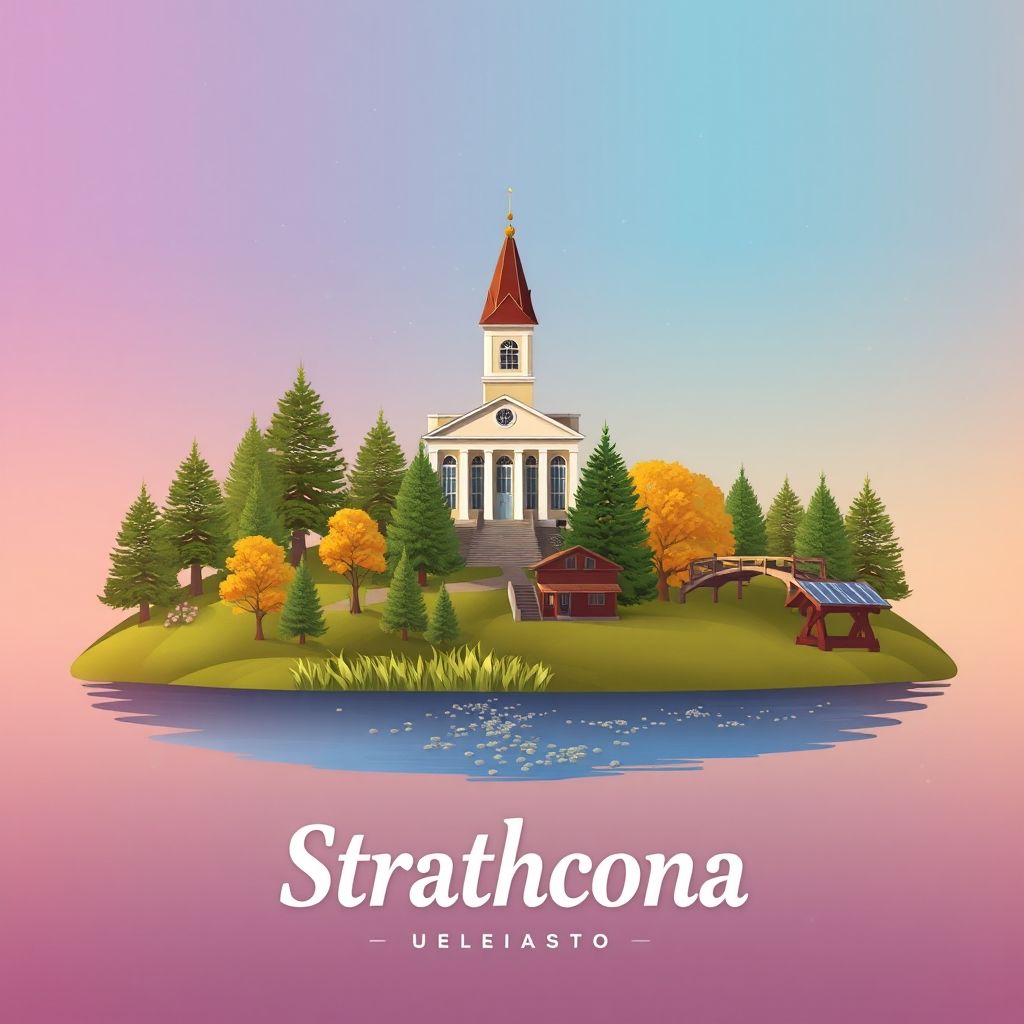 Ultra-high-definition gradient illustration of City of Strathcona, featuring the Roseau County Courthouse, Hayes Lake State Park, and wild rice dishes.