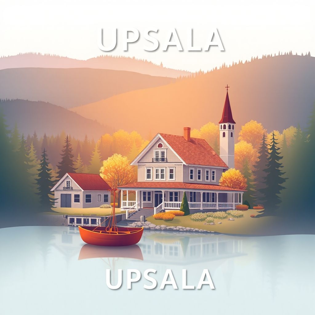 Ultra-high-definition gradient illustration of Upsala, featuring the Upsala Heritage House, forests, lakes, and wild rice dishes.