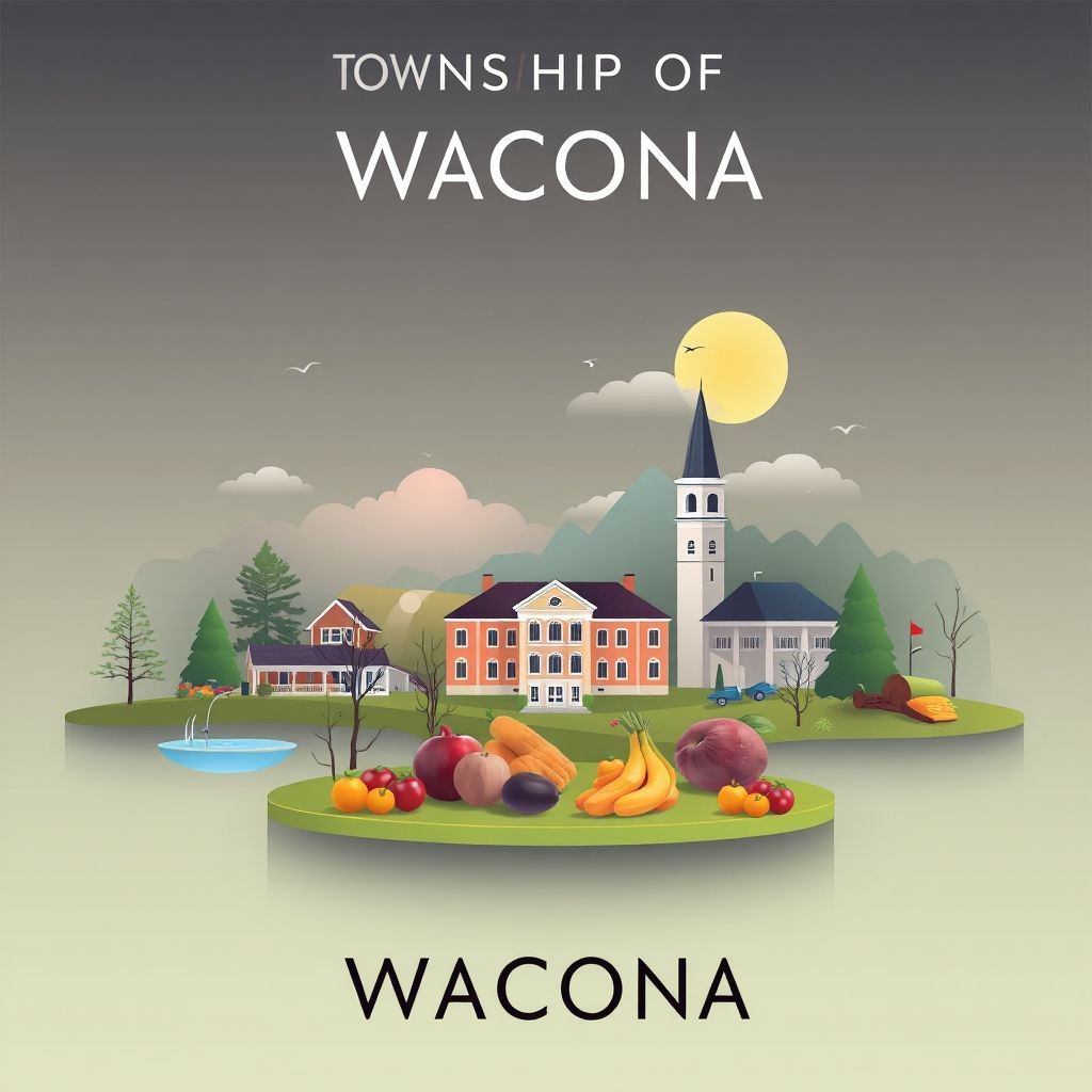 Ultra-high-definition gradient illustration of Township of Waconia, featuring Lake Waconia, Waconia City Hall, and fresh produce from local farms.