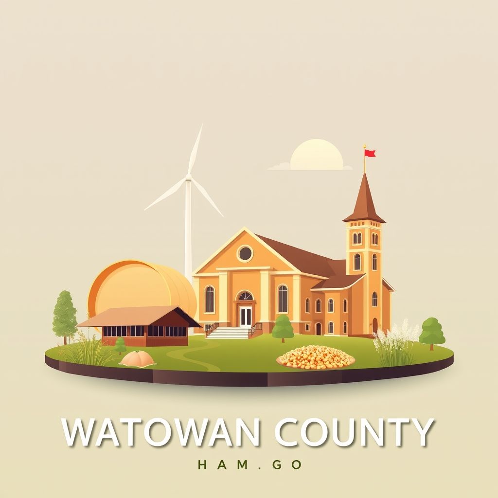 Ultra-high-definition gradient illustration of Watonwan County, Minnesota, featuring the Madelia Windfarm, Watonwan County Courthouse, lefse, and wild rice dishes.