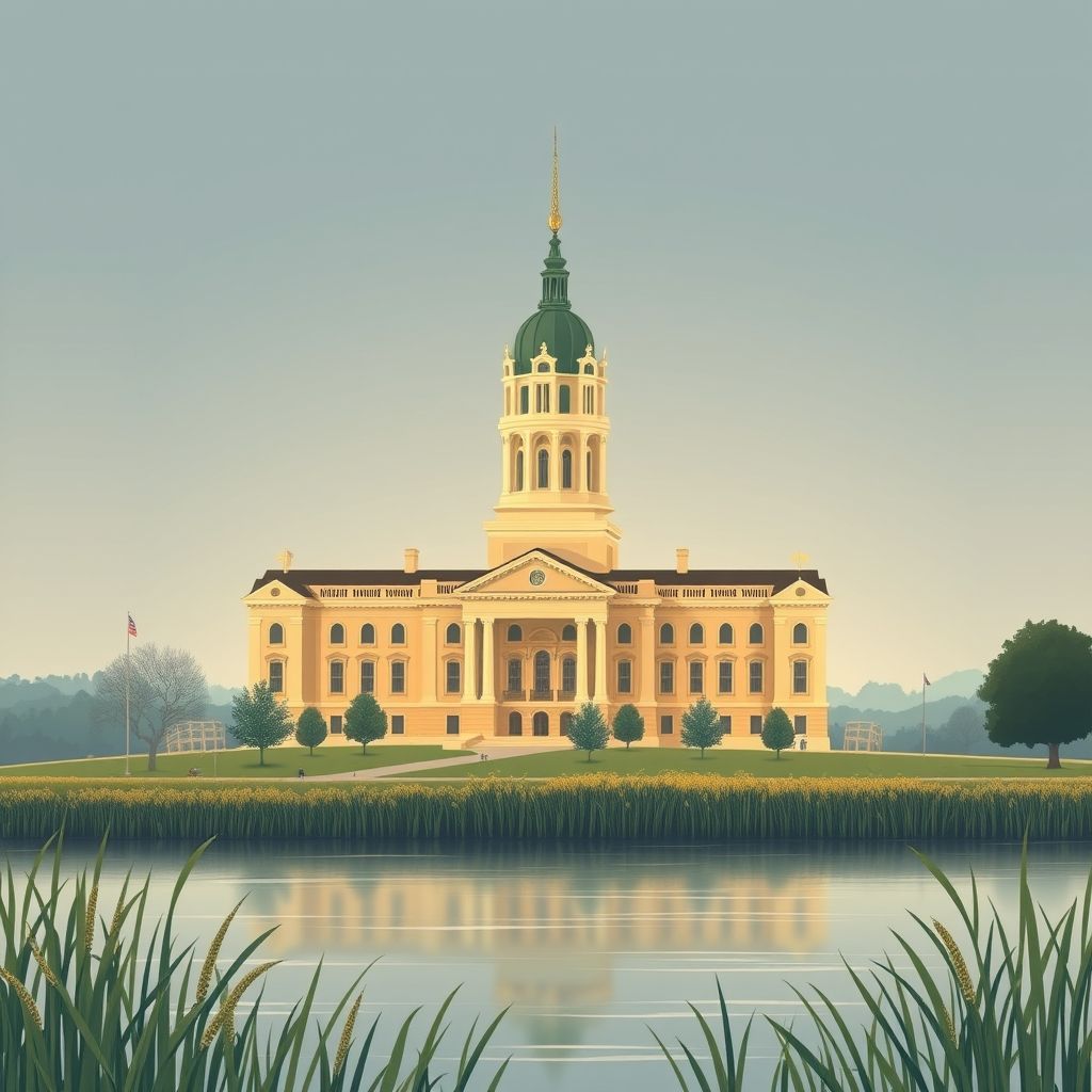 Ultra-high-definition gradient illustration of Wright County, Minnesota, featuring the Wright County Courthouse, Mississippi River, wild rice, and walleye.