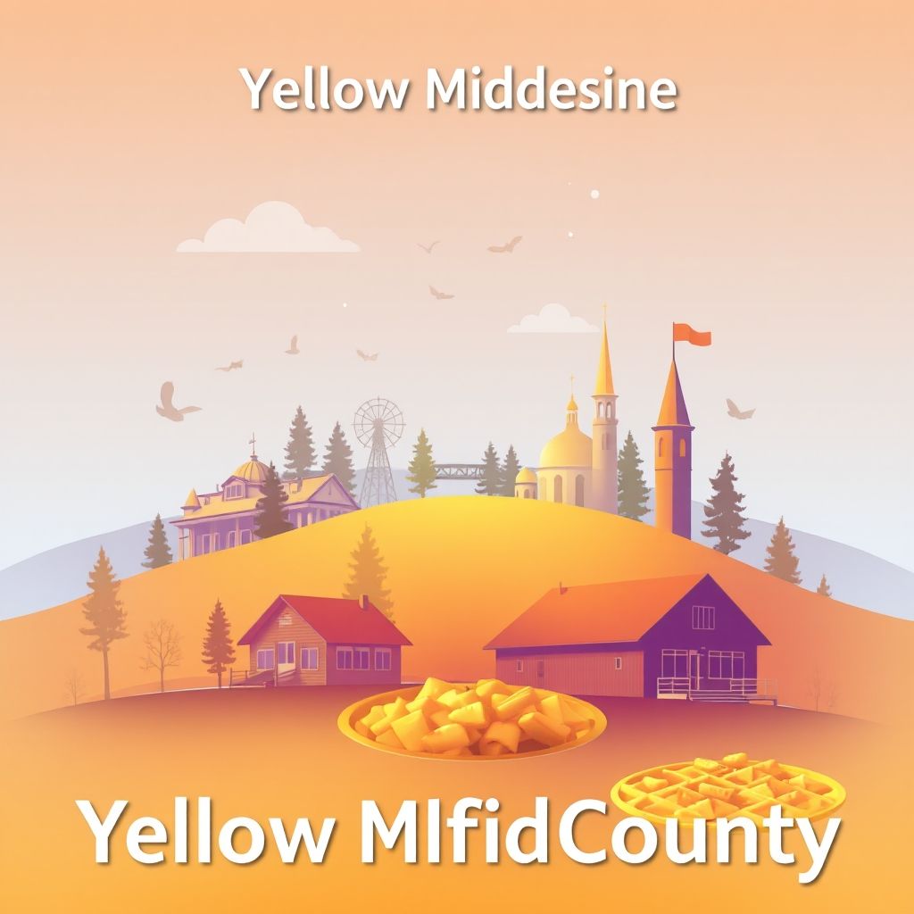 Ultra-high-definition gradient illustration of Yellow Medicine County, featuring Upper Sioux Agency State Park, Yellow Medicine County Museum, lefse, and wild rice hotdish.