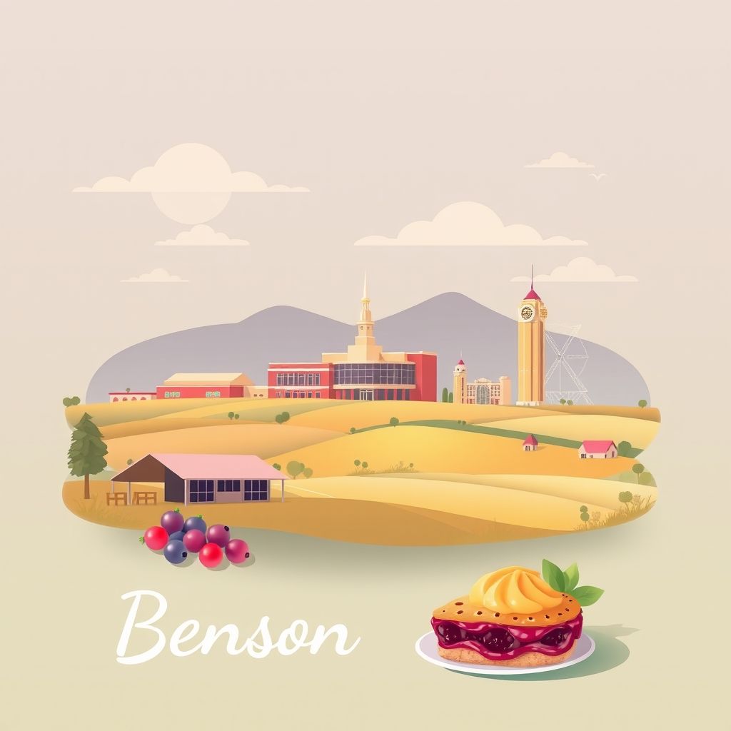 Ultra-high-definition gradient illustration of Benson County, North Dakota, featuring Spirit Lake Casino and Resort, rolling prairies, and Juneberry pie.