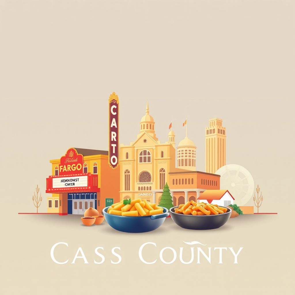 Ultra-high-definition gradient illustration of Cass County, North Dakota, featuring the Fargo Theatre, Hjemkomst Center, and local specialties like lefse and hotdish.