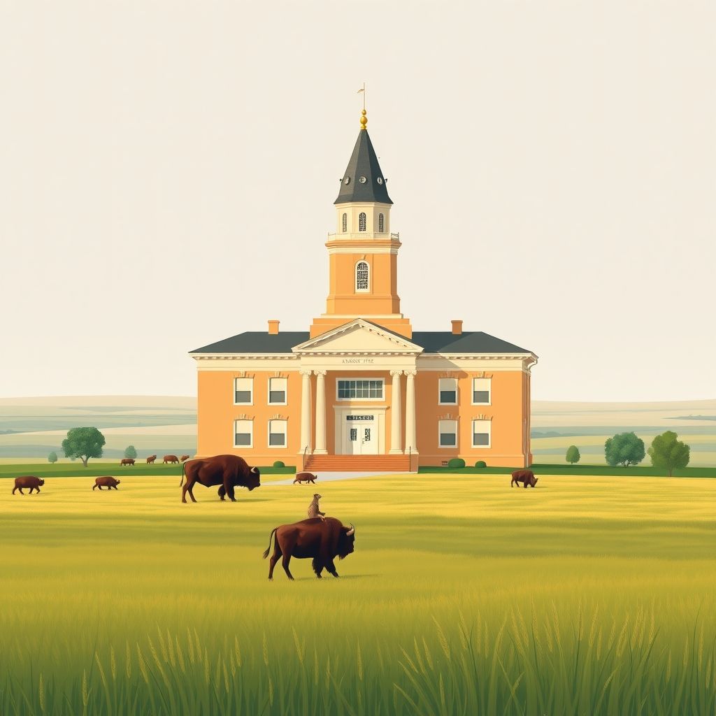 Ultra-high-definition gradient illustration of Knox, North Dakota, featuring the Benson County Courthouse, prairies, farmlands, and local wildlife.