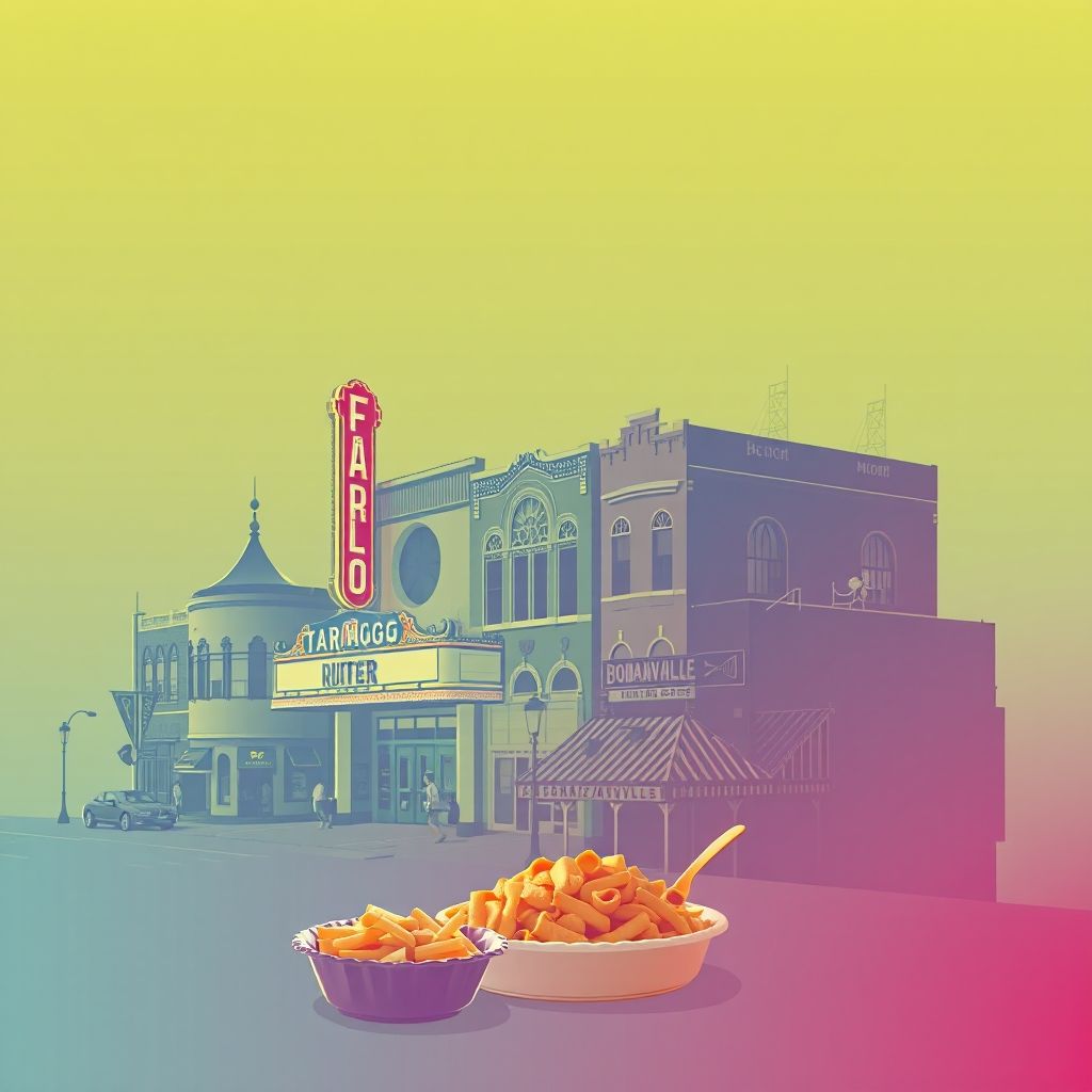 Ultra-high-definition gradient illustration of Township of Maple River, featuring the Fargo Theatre, Bonanzaville, USA, and hotdish.