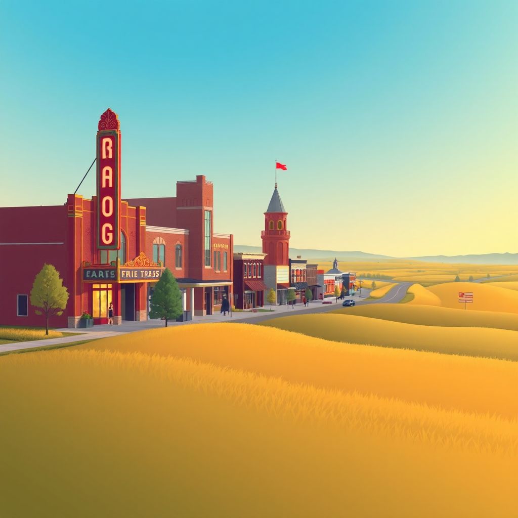 Ultra-high-definition gradient illustration of Prairie Rose, North Dakota, featuring the Fargo Theatre, Hjemkomst Center, prairie landscapes, and local foods like hotdish and lefse.