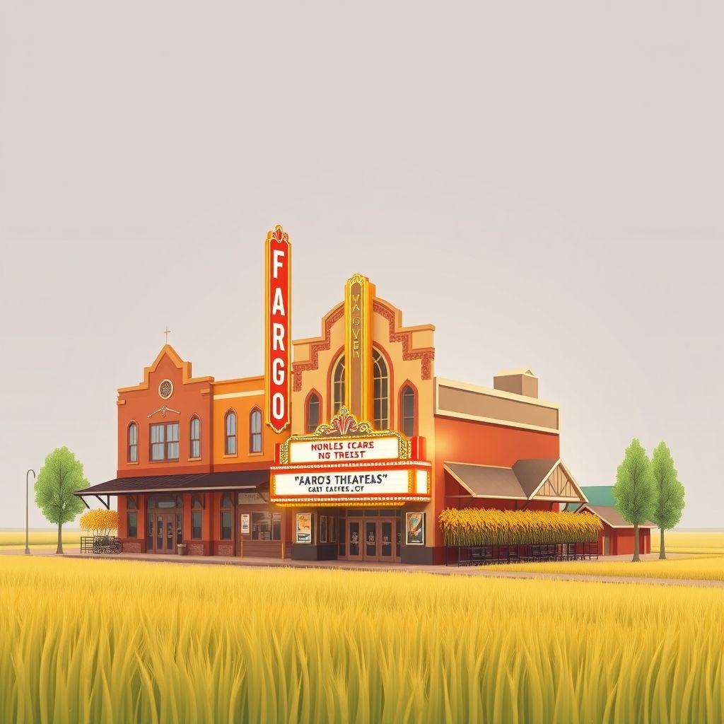 Ultra-high-definition gradient illustration of Reile's Acres, North Dakota, featuring the Fargo Theatre, Bonanzaville pioneer village, wheat fields, and hotdish.