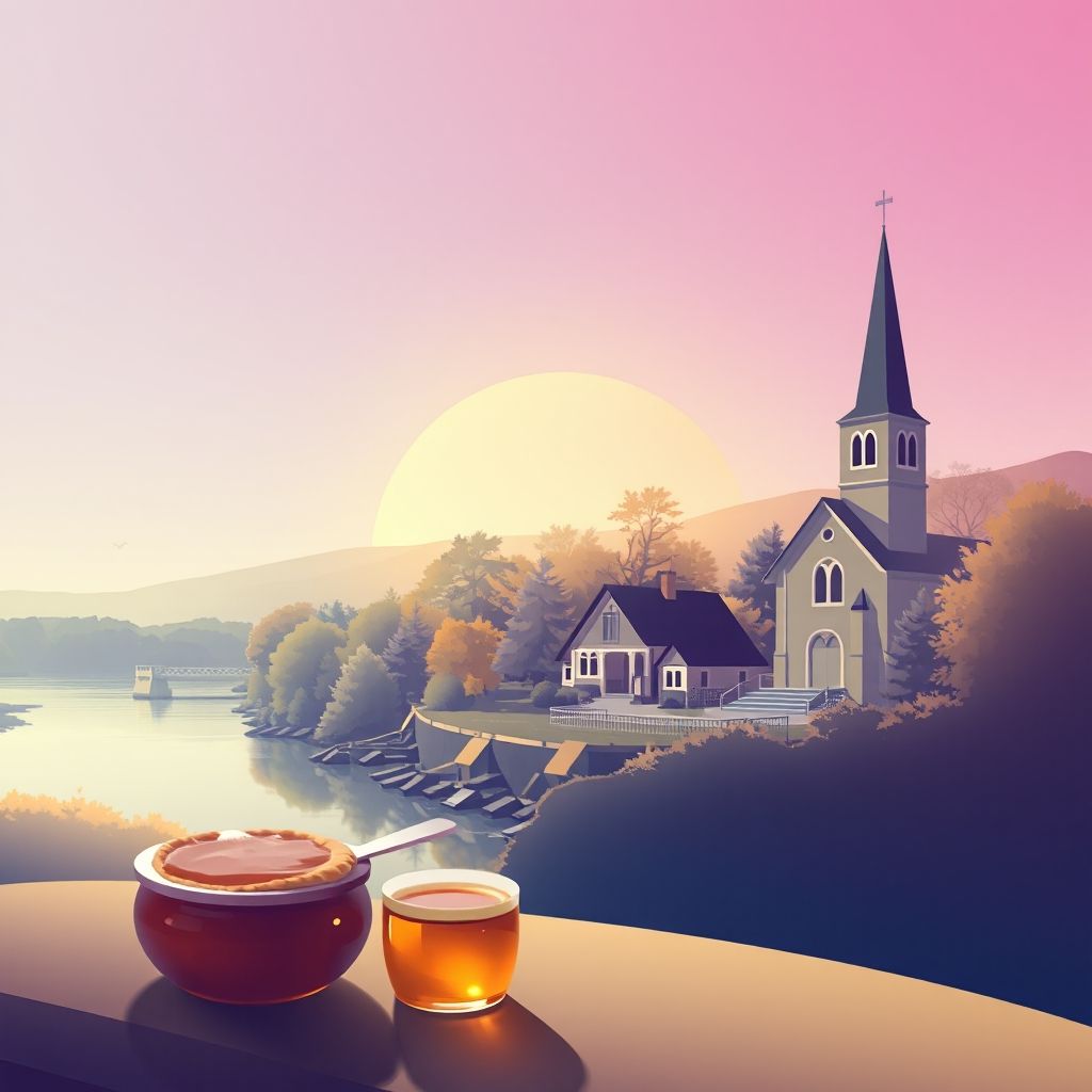 Ultra-high-definition gradient illustration of Madbury, featuring the Oyster River, Madbury Church, and maple syrup, highlighting its cultural charm.