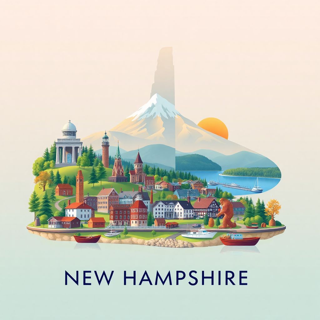 Ultra-high-definition gradient illustration of New Hampshire, featuring Mount Washington Observatory, historic Portsmouth, Lake Winnipesaukee, and maple syrup production.