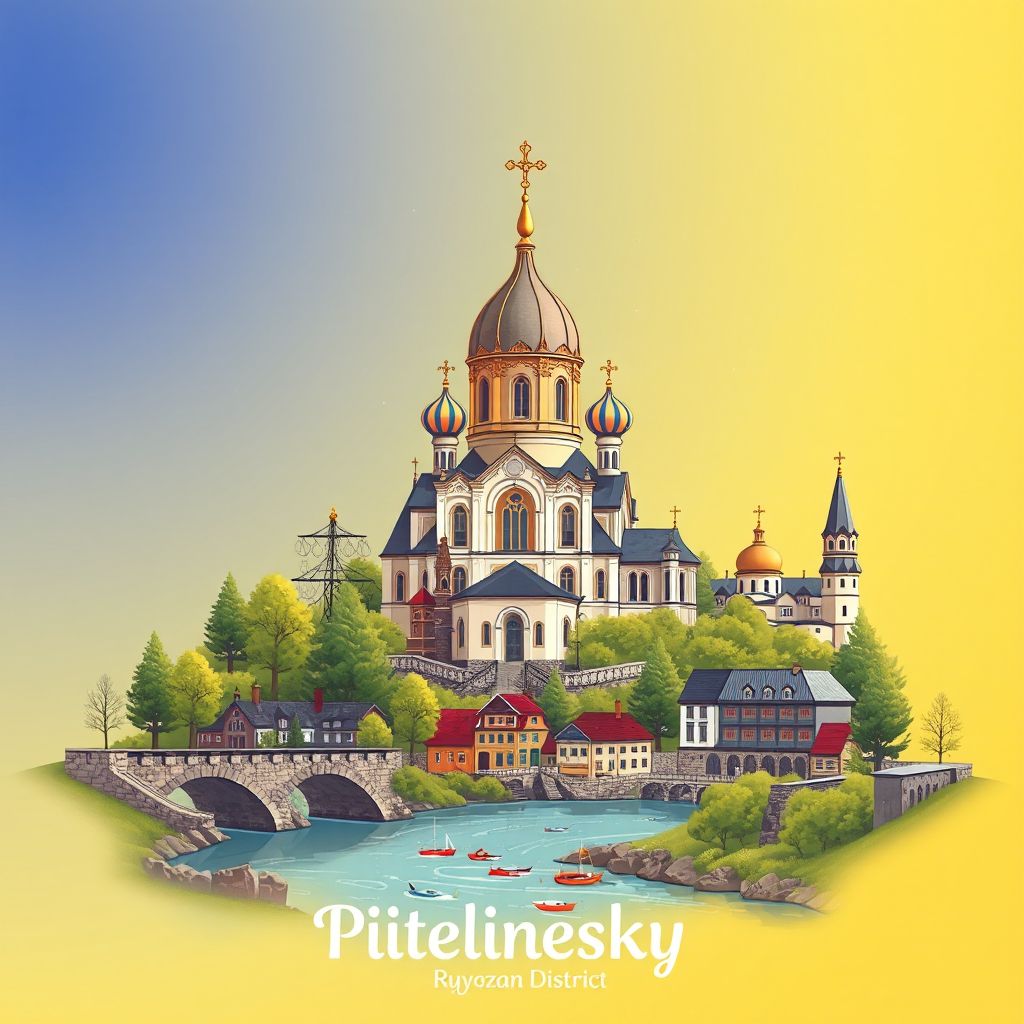 Ultra-high-definition gradient illustration style Pitelinsky District illustration, showing the unique charm of the Church of the Nativity of the Blessed Virgin Mary, the Oka River, and bliny.