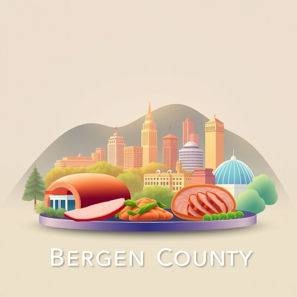Ultra-high-definition gradient illustration of Bergen County, New Jersey, featuring Palisades Interstate Park, Bergen Performing Arts Center, and Taylor Ham.