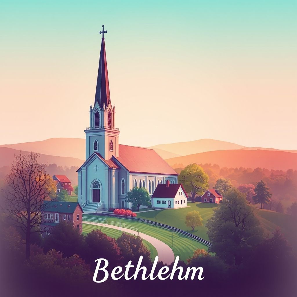 Ultra-high-definition gradient illustration of Township of Bethlehem, featuring the Bethlehem Presbyterian Church, countryside, and local fresh produce.