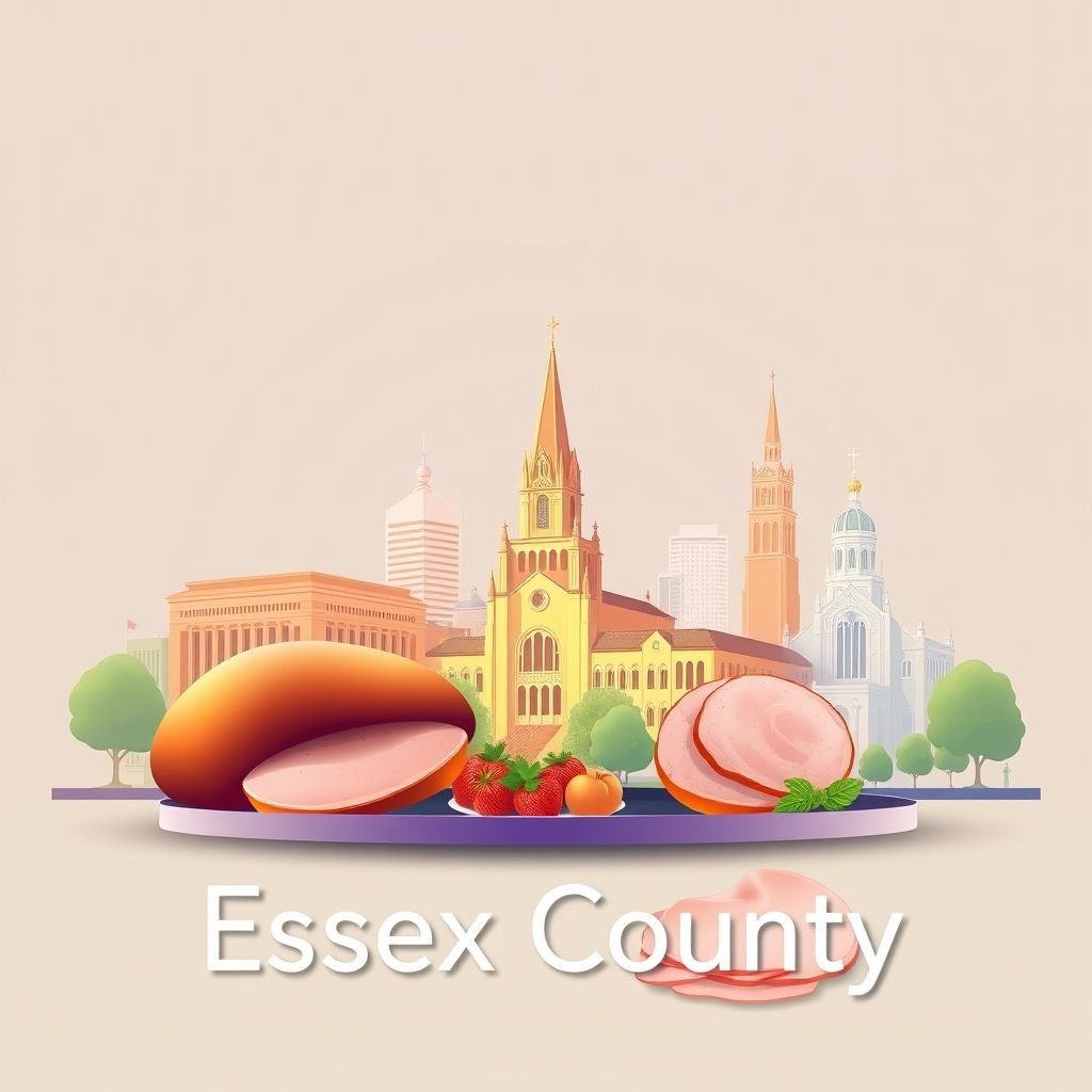 Ultra-high-definition gradient illustration of Essex County, New Jersey, featuring the Thomas Edison National Historical Park, the Cathedral Basilica of the Sacred Heart, and Taylor Ham.