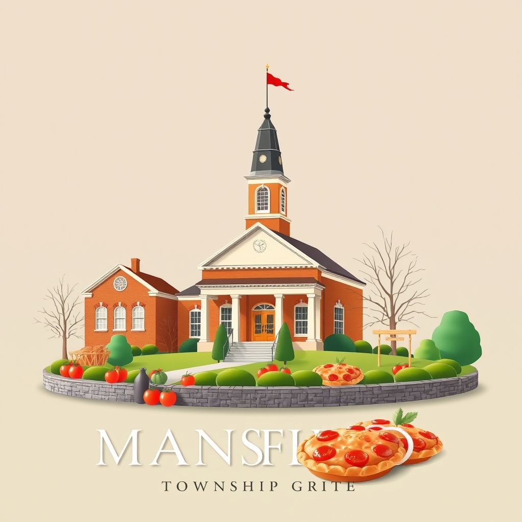 Ultra-high-definition gradient illustration of Township of Mansfield featuring Mansfield Township Hall, Mansfield Township Open Space, and tomato pies.