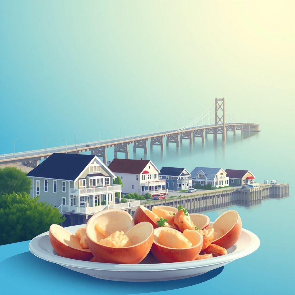 Ultra-high-definition gradient illustration of Mantoloking, featuring the Mantoloking Bridge, beachfront homes, and clam chowder.