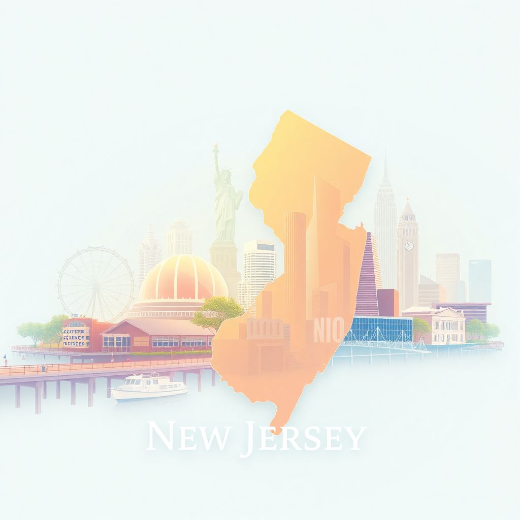 Ultra-high-definition gradient illustration of New Jersey, featuring the Atlantic City Boardwalk, the Liberty Science Center, and Princeton University.