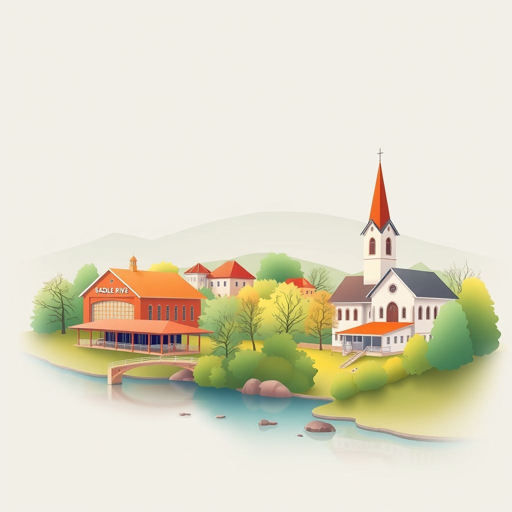Ultra-high-definition gradient illustration of Saddle River, featuring the Saddle River Valley Cultural Center, Old Stone Church, and the scenic Saddle River.