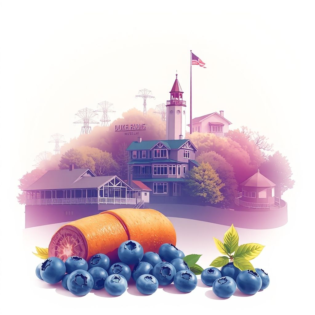 Ultra-high-definition gradient illustration of Somerset County, New Jersey, featuring Duke Farms, the United States Golf Association Museum, pork roll, and blueberries.
