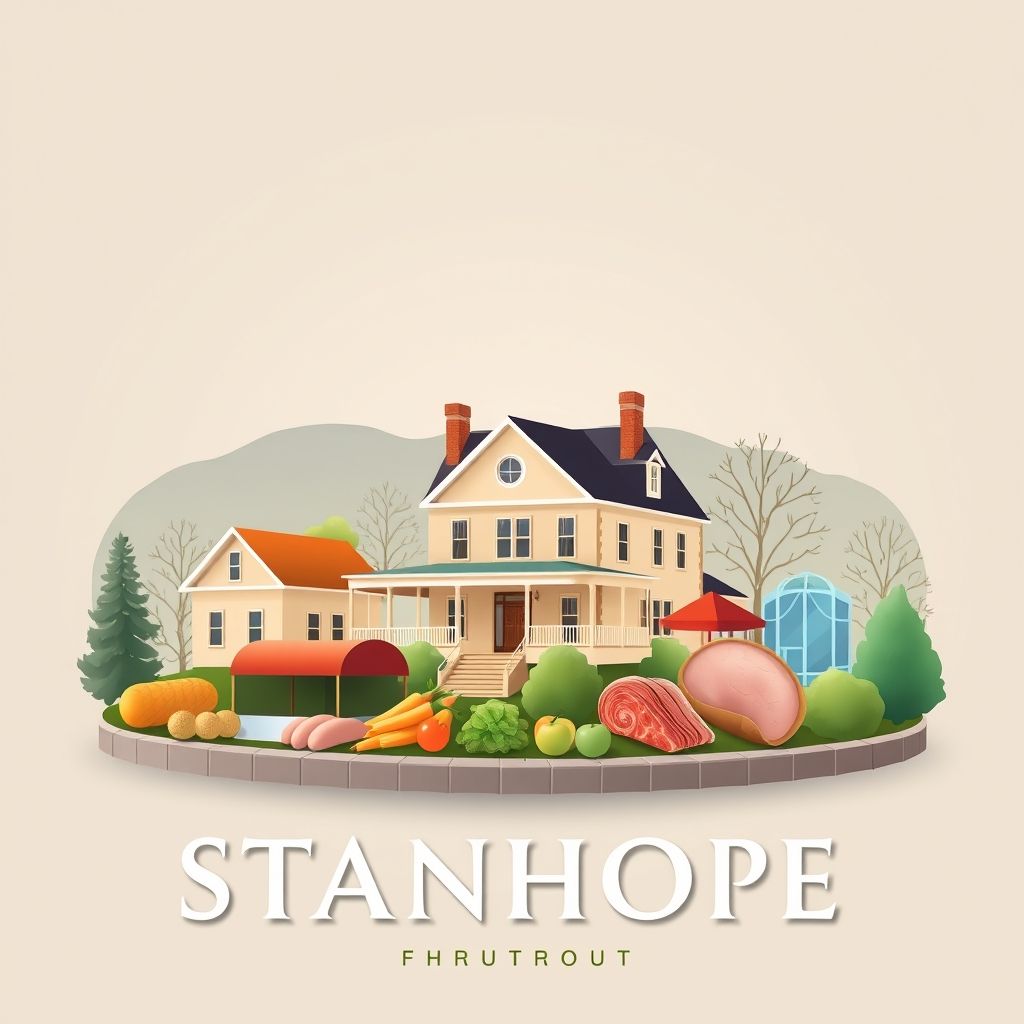 Ultra-high-definition gradient illustration of Stanhope, featuring the Stanhope House, Lake Musconetcong, and Taylor ham, highlighting the town's unique charm.