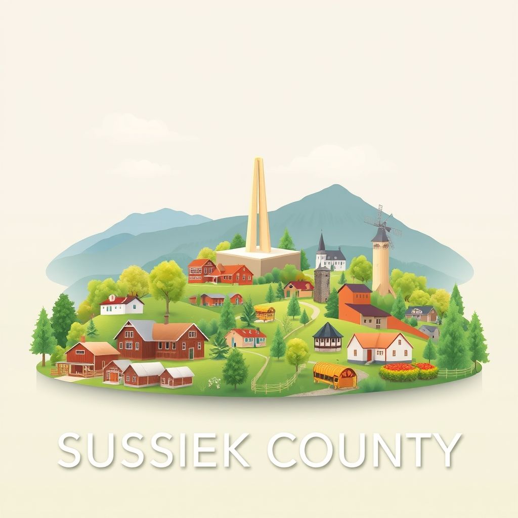 Ultra-high-definition gradient illustration of Sussex County, New Jersey, featuring High Point Monument, Waterloo Village, Delaware Water Gap, Kittatinny Mountains, and blueberry picking.