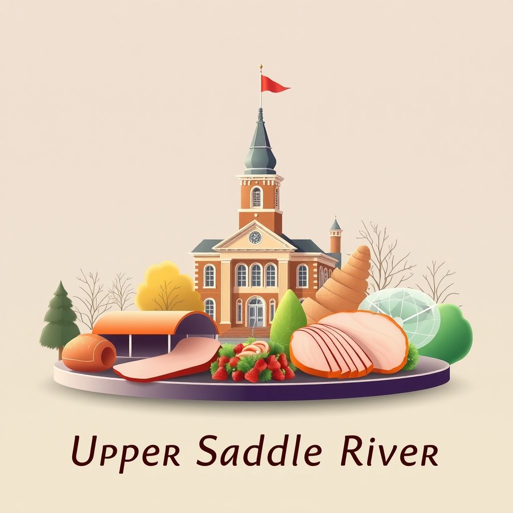 Ultra-high-definition gradient illustration of Upper Saddle River, featuring the Upper Saddle River Borough Hall, Saddle River County Park, and local specialties.