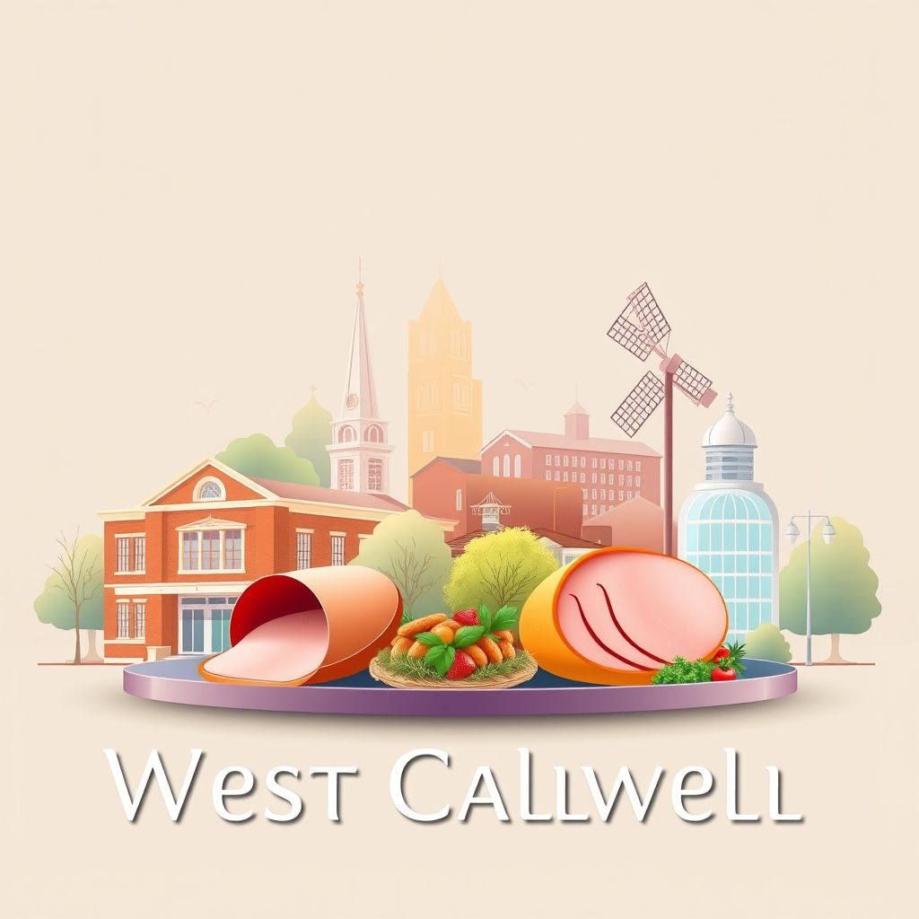 Ultra-high-definition gradient illustration of West Caldwell, featuring the West Caldwell Public Library, Crane's Mill, and Taylor Ham.
