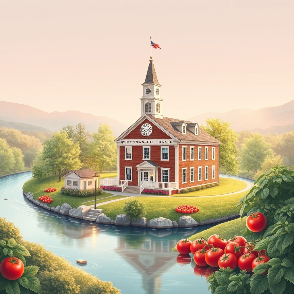 Ultra-high-definition gradient illustration of Township of White, featuring the historic White Township Hall, Delaware River, colonial-era architecture, and Jersey tomatoes.