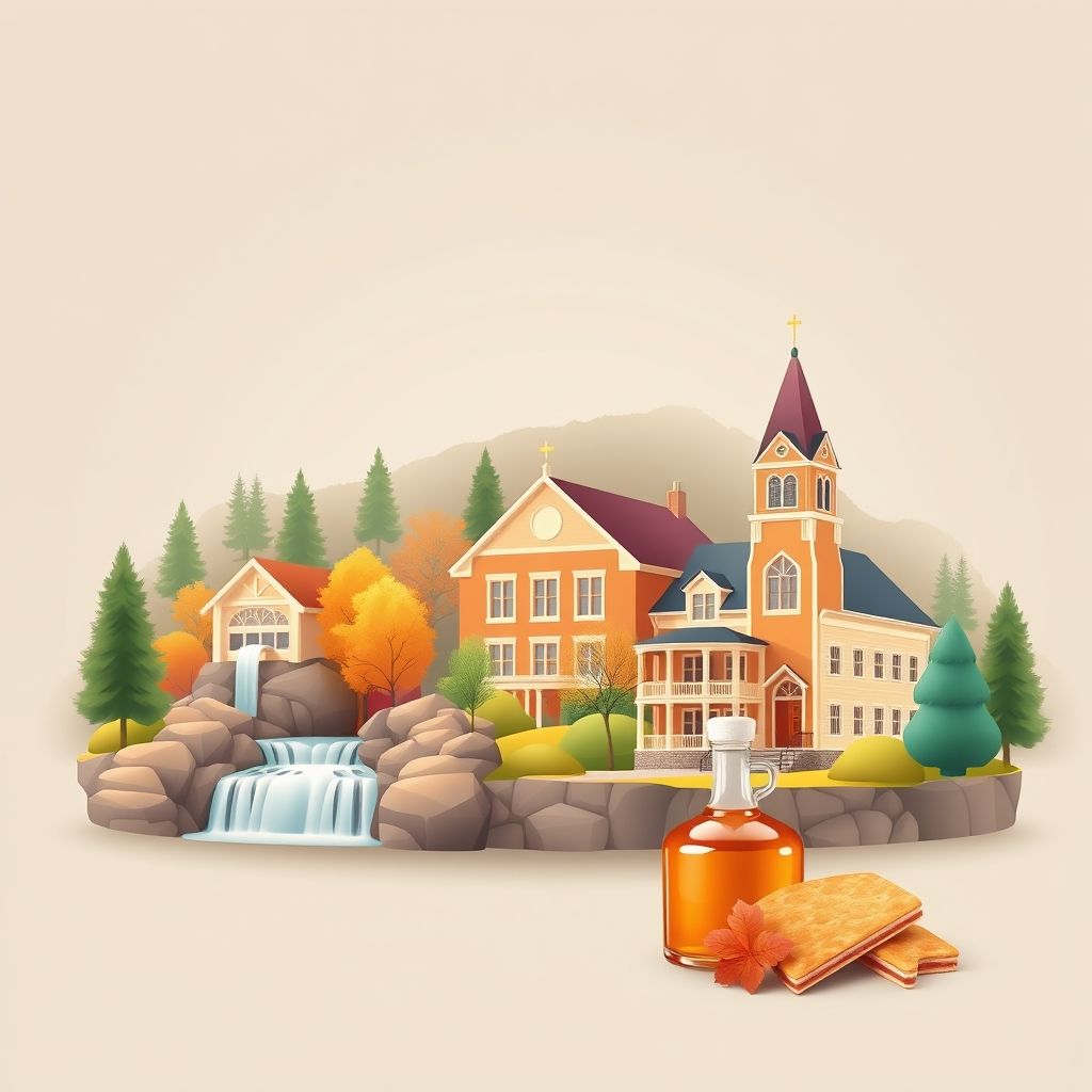 Ultra-high-definition gradient illustration of Town of Arkwright, featuring Arkwright Falls, Arkwright Town Hall, and maple syrup.