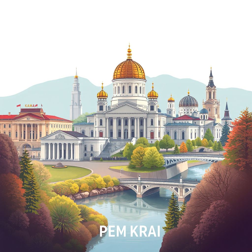 Ultra-high-definition gradient illustration style Perm Krai illustration, showing the unique charm of the Perm Opera and Ballet Theatre, the Perm State Art Gallery, and the Kama River.
