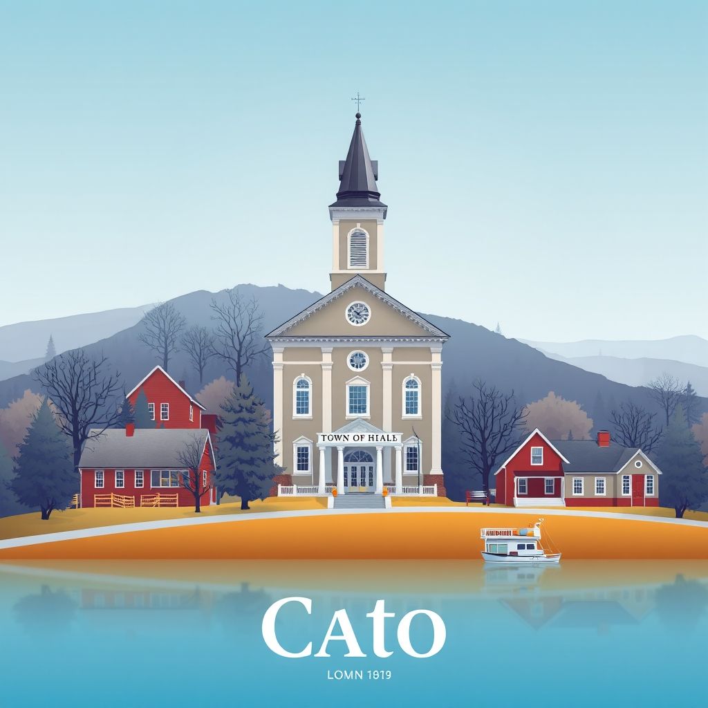 Ultra-high-definition gradient illustration of Town of Cato, featuring Cato Town Hall, Cross Lake, and local wine and dairy products.