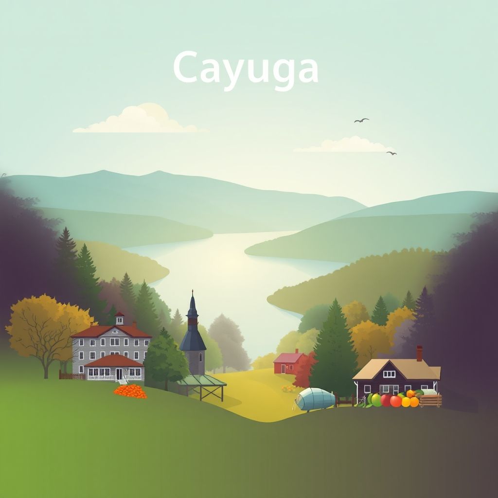 Ultra-high-definition gradient illustration of Cayuga County, New York, featuring the Auburn Correctional Facility, Harriet Tubman Home, Cayuga Lake, and local cuisine.