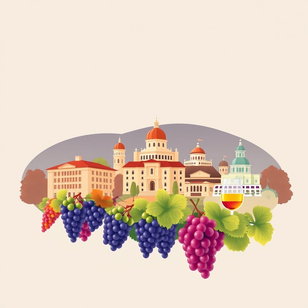 Ultra-high-definition gradient illustration of Chautauqua County, New York, featuring the Chautauqua Institution, the Lucille Ball Desi Arnaz Museum, and local specialties like grapes and wine.