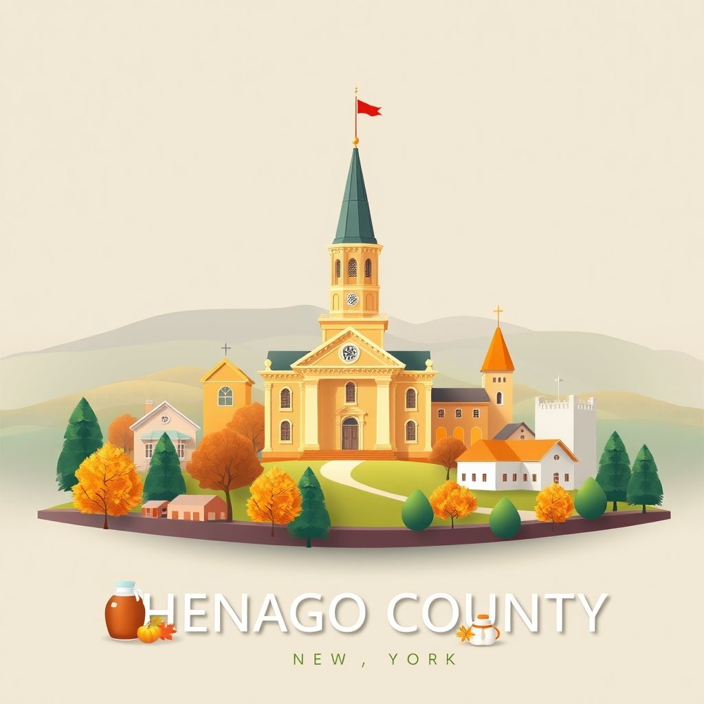 Ultra-high-definition gradient illustration of Chenango County, New York, featuring the Chenango County Courthouse, scenic countryside, maple syrup, and dairy products.