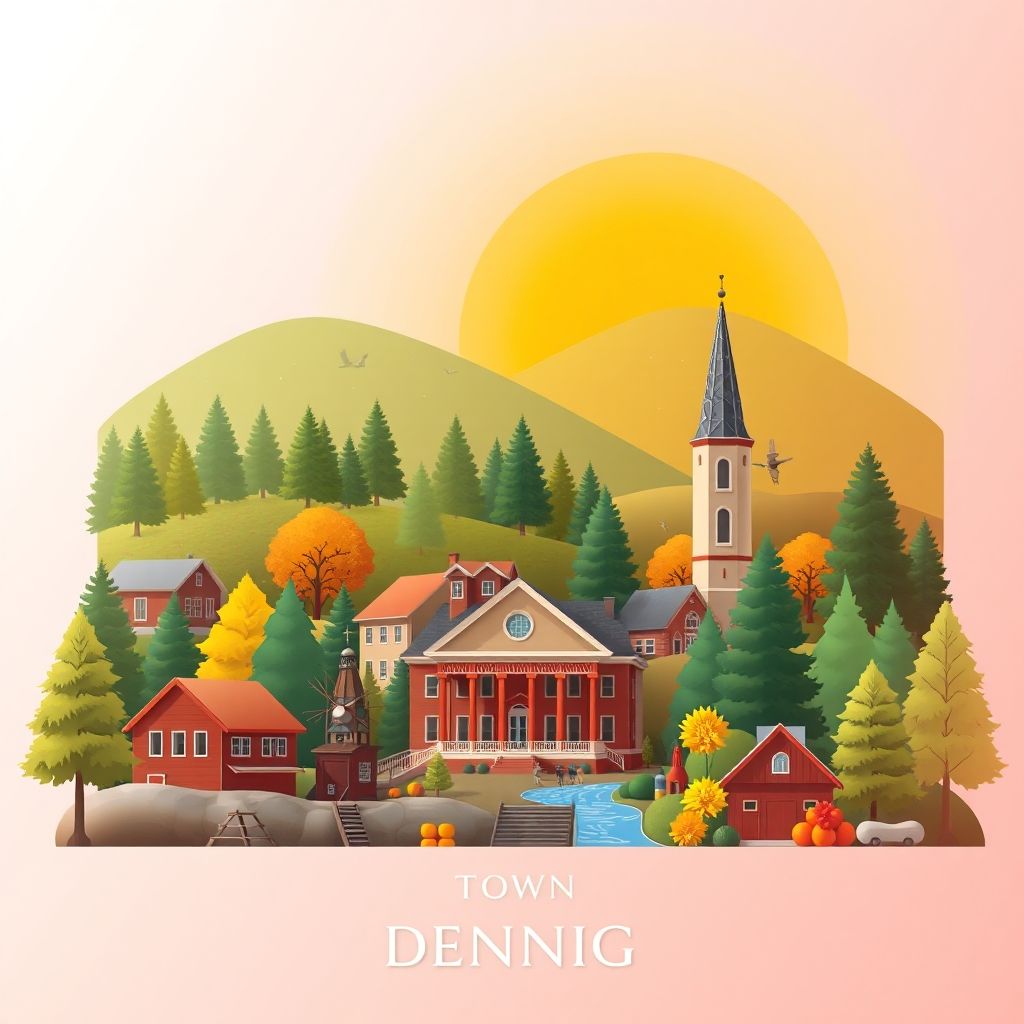 Ultra-high-definition gradient illustration of Town of Denning, featuring the Sundown Wild Forest, the Neversink River, the Denning Town Hall, and maple syrup.