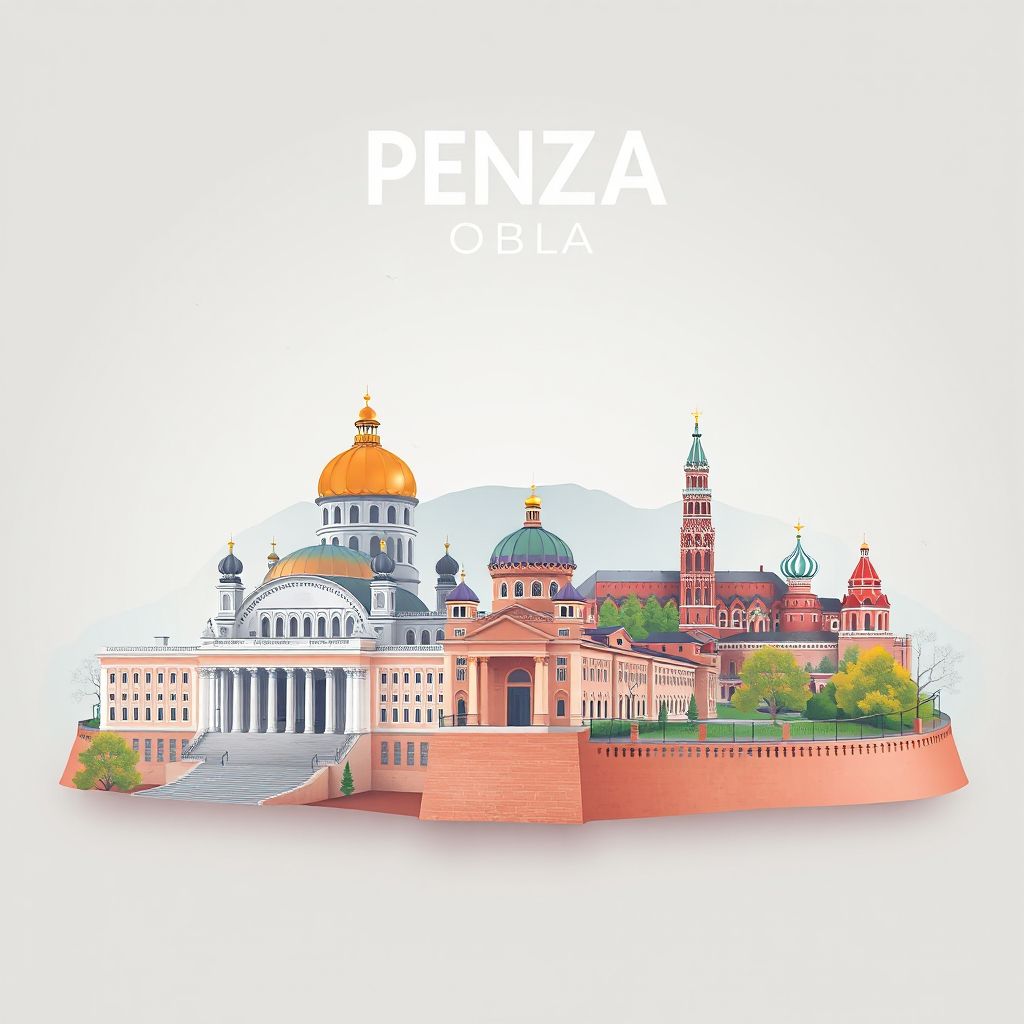 Ultra-high-definition gradient illustration style Penza Oblast, Russia, featuring the Penza Art Gallery and Kuznetsk Fortress.
