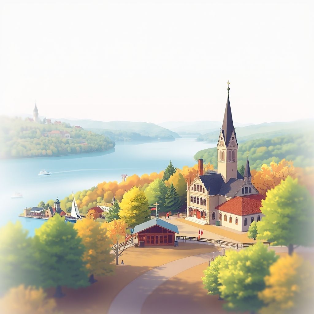 Ultra-high-definition gradient illustration of Town of Ellery, featuring Chautauqua Lake, Midway State Park, and local cuisine like beef on weck.