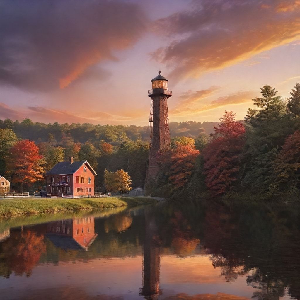 Ultra-high-definition gradient illustration of Town of Grafton, featuring Grafton Lakes State Park, Dickinson Hill Fire Tower, and apple cider donuts.