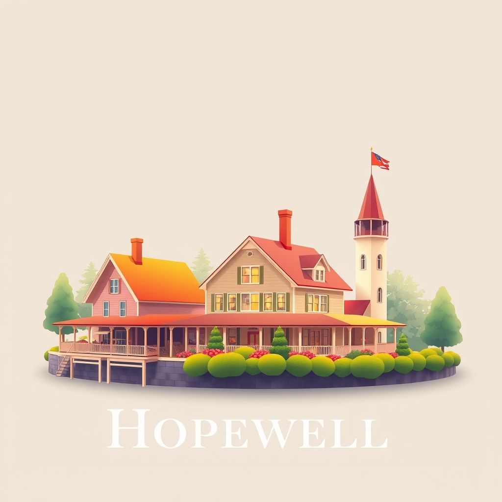Ultra-high-definition gradient illustration of Hopewell, featuring the Finger Lakes, Hopewell Inn, and grape pies.