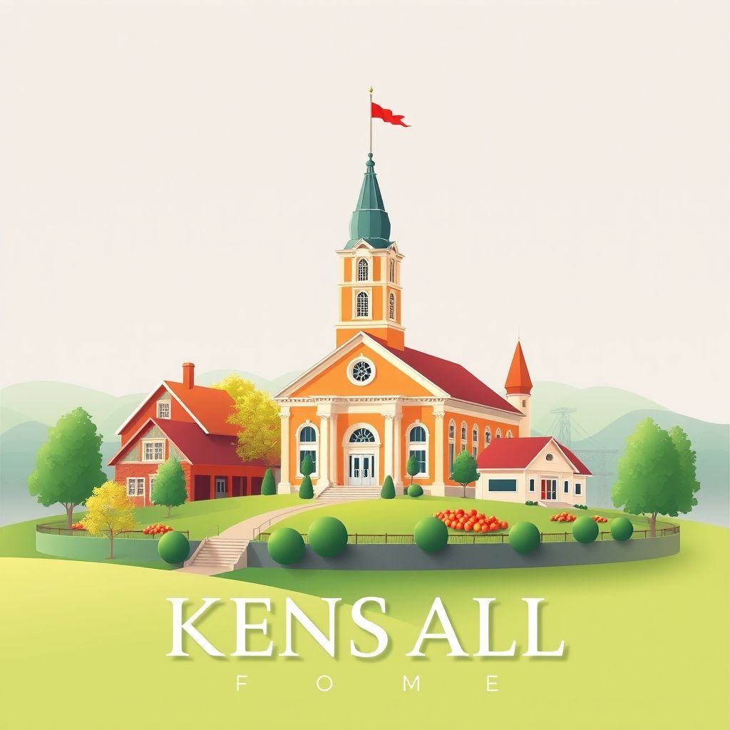 Ultra-high-definition gradient illustration of Kendall, featuring Kendall Town Hall, scenic countryside, historical culture, and local apples.