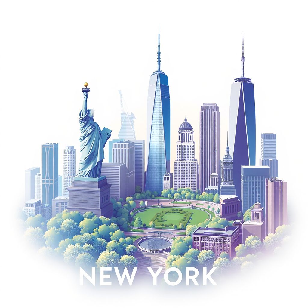 Ultra-high-definition gradient illustration style New York illustration, showing the unique charm of the Statue of Liberty, Central Park, and the Empire State Building.
