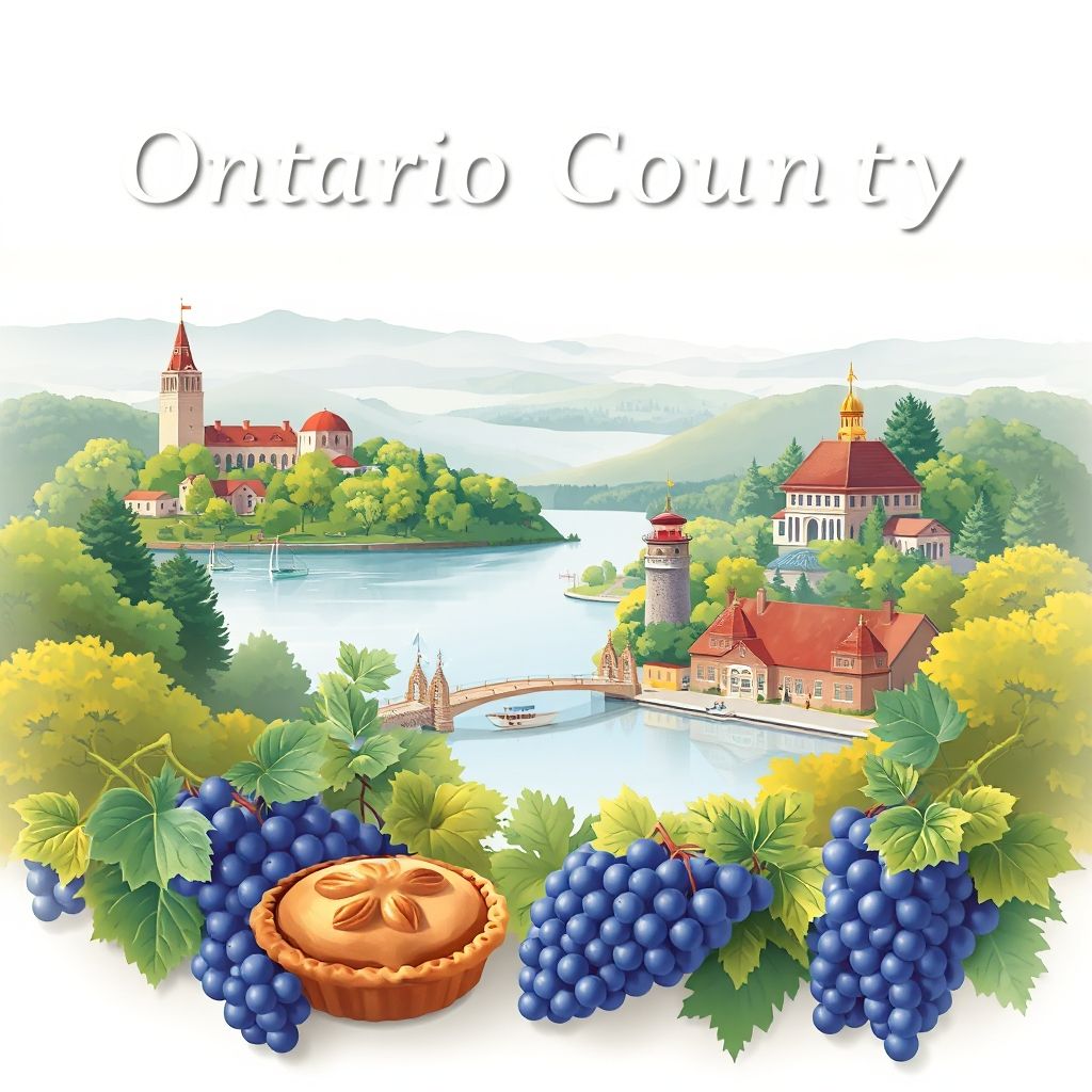 Ultra-high-definition gradient illustration of Ontario County, New York, featuring the Finger Lakes, Sonnenberg Gardens, and grape pies.