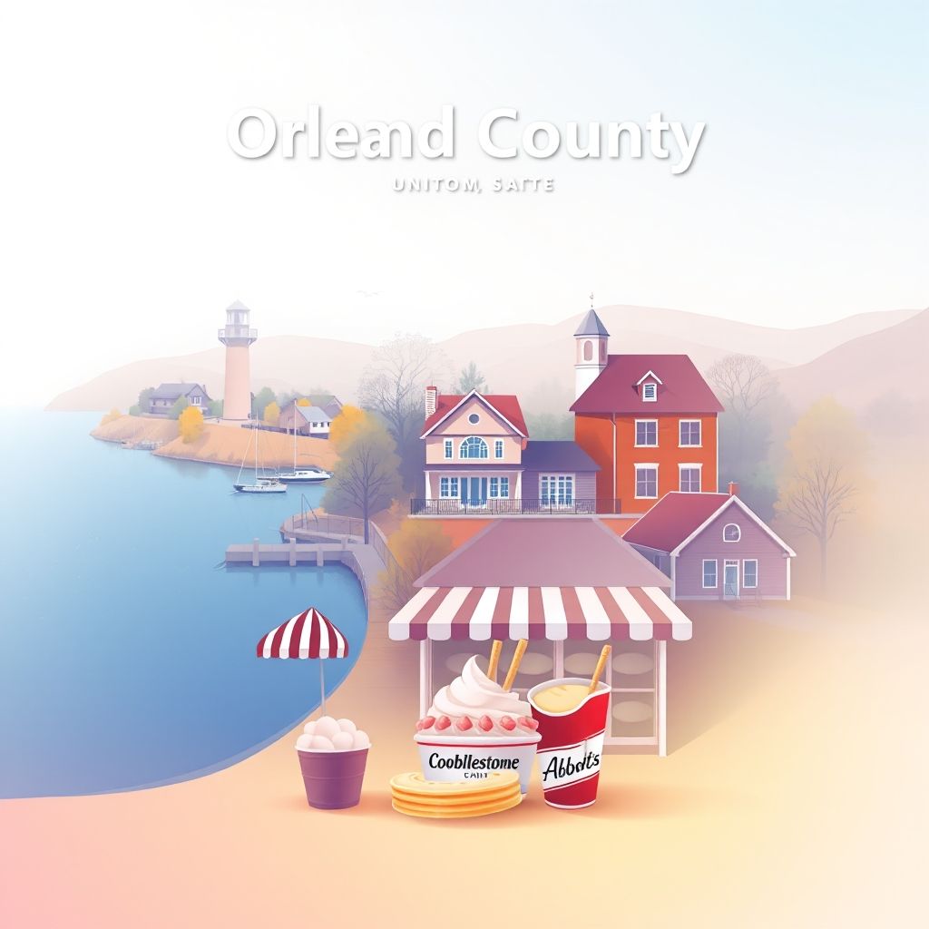 Ultra-high-definition gradient illustration of Orleans County, New York, featuring the Lake Ontario shoreline, Cobblestone Museum, and Abbott's Frozen Custard.