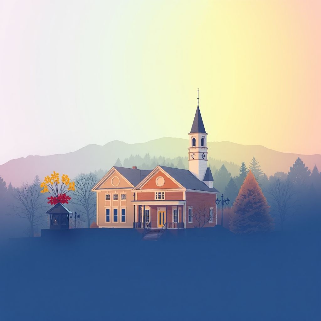 Ultra-high-definition gradient illustration of Town of Pompey, featuring the Pompey Historical Society Museum, Pratts Falls County Park, and local specialties like apple cider and maple syrup.