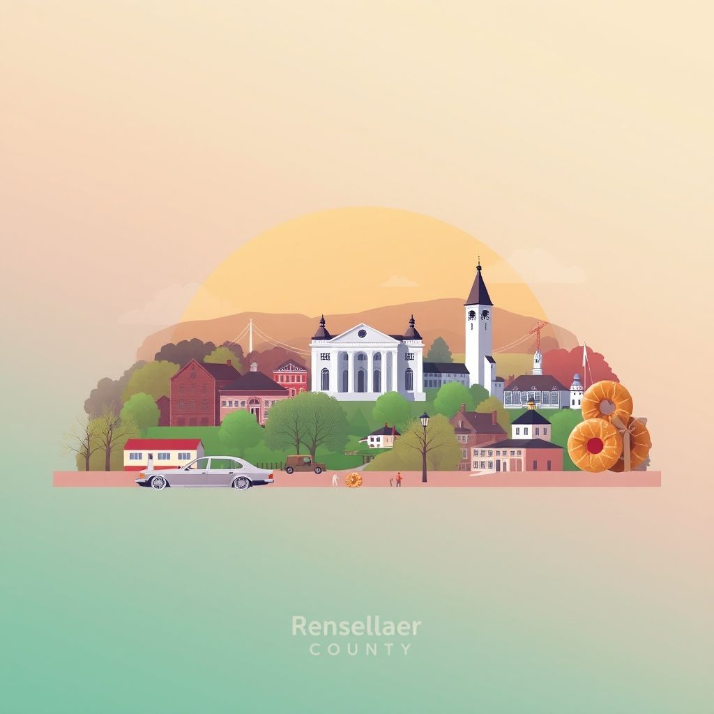 Gradient illustration of Rensselaer County, New York, featuring the Rensselaer County Courthouse, Crailo State Historic Site, Hudson River, and apple cider donuts.