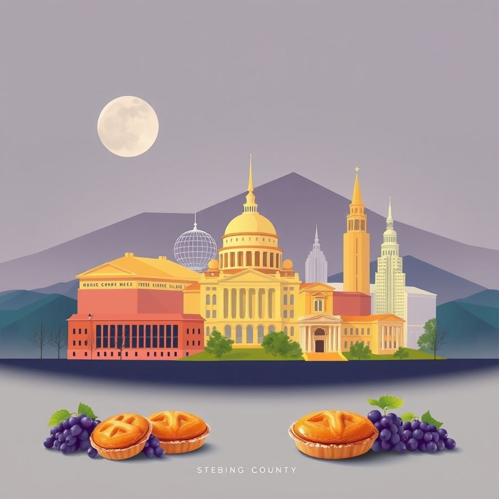 Ultra-high-definition gradient illustration of Steuben County, New York, featuring the Corning Museum of Glass, historic sites of Bath, and grape pies.