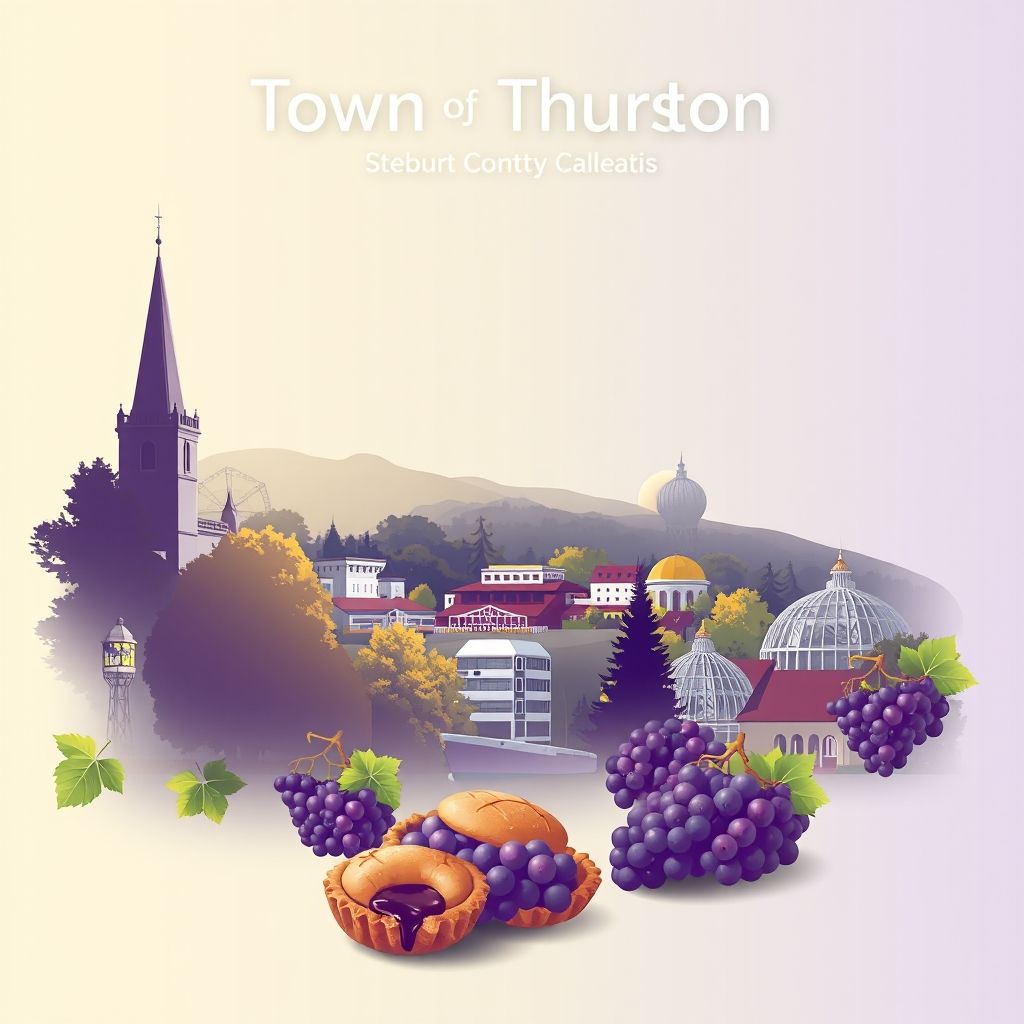 Ultra-high-definition gradient illustration of Town of Thurston, featuring the Finger Lakes, Corning Museum of Glass, and grape pies.