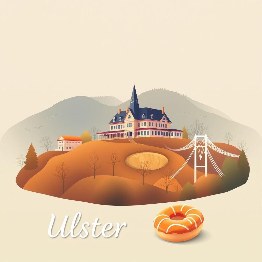Ultra-high-definition gradient illustration of Ulster County, New York, featuring the Mohonk Mountain House, the Walkway Over the Hudson, and apple cider donuts.