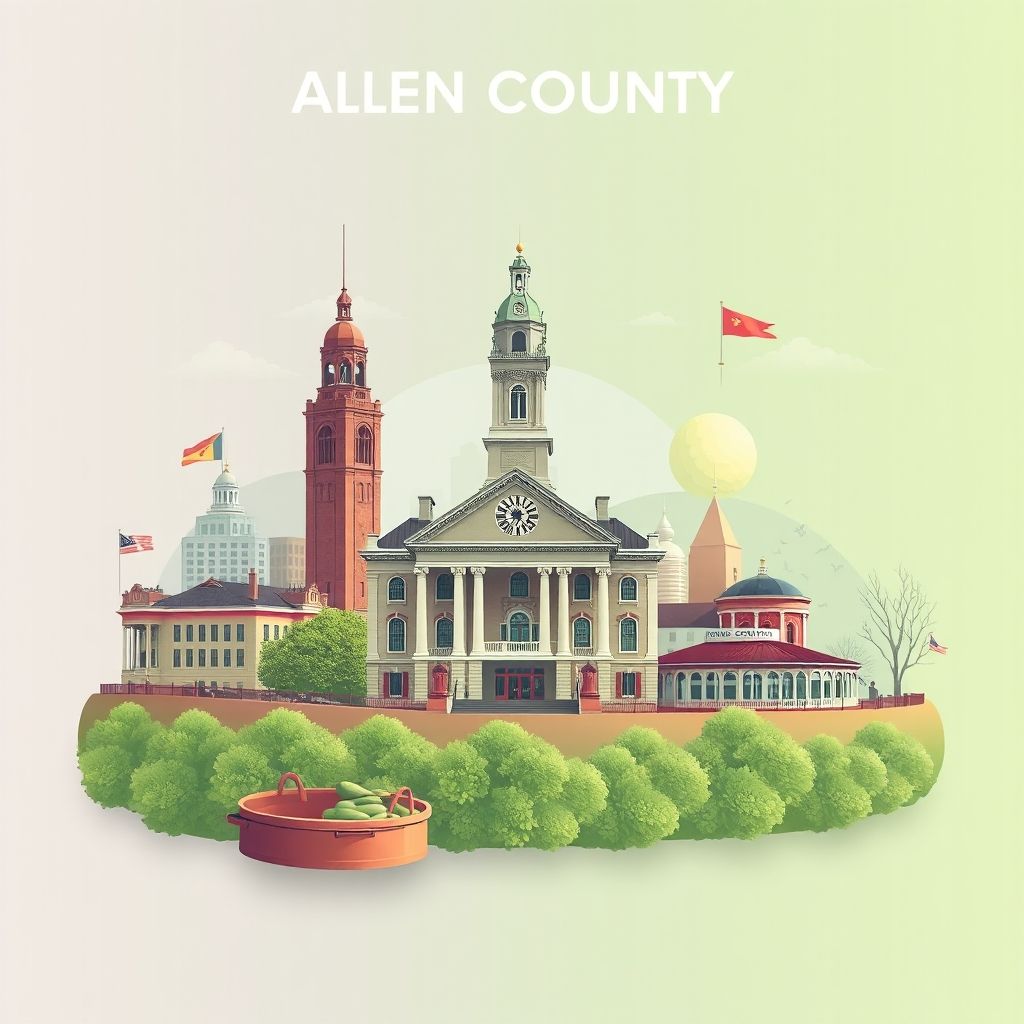 Ultra-high-definition gradient illustration of Allen County, Ohio, featuring the Allen County Courthouse, Lima Reservoir, and historical culture with a hint of Lima beans.